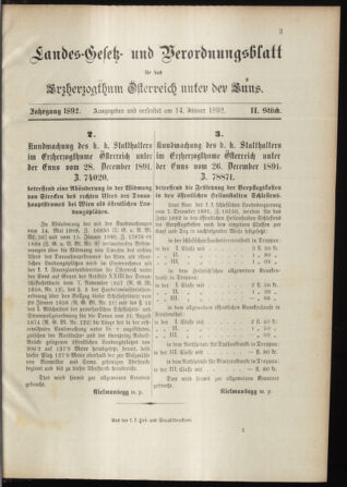 Landes-Gesetz- und Verordnungsblatt für Österreich unter der Enns 18920114 Seite: 1