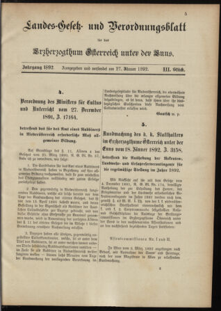 Landes-Gesetz- und Verordnungsblatt für Österreich unter der Enns 18920127 Seite: 1