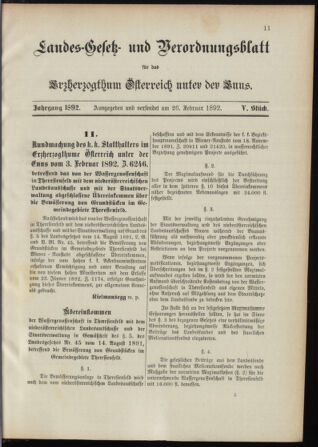 Landes-Gesetz- und Verordnungsblatt für Österreich unter der Enns 18920226 Seite: 1