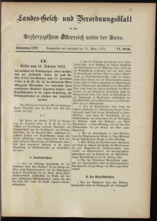 Landes-Gesetz- und Verordnungsblatt für Österreich unter der Enns 18920310 Seite: 1