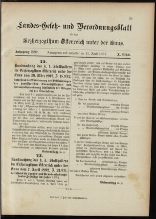 Landes-Gesetz- und Verordnungsblatt für Österreich unter der Enns 18920415 Seite: 1