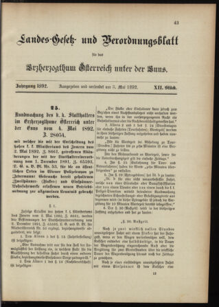 Landes-Gesetz- und Verordnungsblatt für Österreich unter der Enns 18920505 Seite: 1