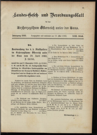 Landes-Gesetz- und Verordnungsblatt für Österreich unter der Enns 18920510 Seite: 1