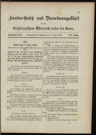 Landes-Gesetz- und Verordnungsblatt für Österreich unter der Enns 18920621 Seite: 1