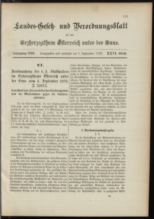 Landes-Gesetz- und Verordnungsblatt für Österreich unter der Enns 18920907 Seite: 1