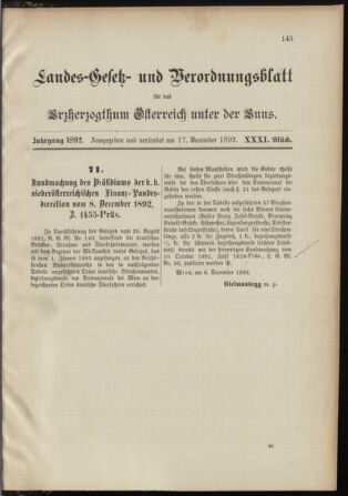 Landes-Gesetz- und Verordnungsblatt für Österreich unter der Enns 18921217 Seite: 1