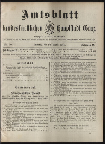 Amtsblatt der landesfürstlichen Hauptstadt Graz 19050410 Seite: 1