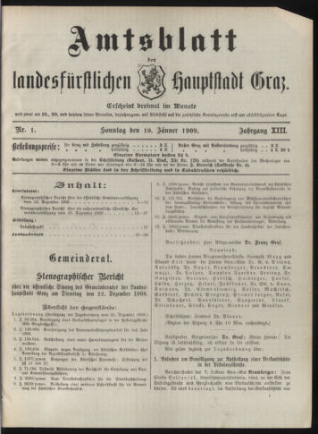 Amtsblatt der landesfürstlichen Hauptstadt Graz 19090110 Seite: 1