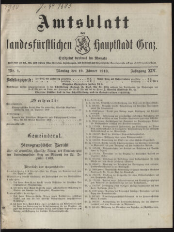 Amtsblatt der landesfürstlichen Hauptstadt Graz 19100110 Seite: 1