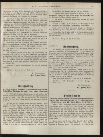 Amtsblatt der landesfürstlichen Hauptstadt Graz 19100420 Seite: 29