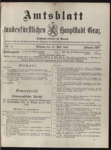 Amtsblatt der landesfürstlichen Hauptstadt Graz 19100510 Seite: 1