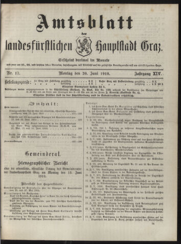 Amtsblatt der landesfürstlichen Hauptstadt Graz 19100620 Seite: 1