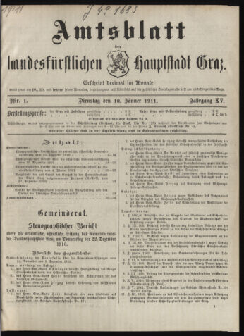 Amtsblatt der landesfürstlichen Hauptstadt Graz 19110110 Seite: 1