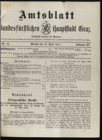 Amtsblatt der landesfürstlichen Hauptstadt Graz 19110410 Seite: 1