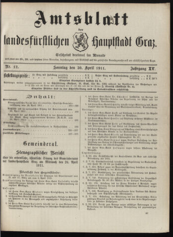 Amtsblatt der landesfürstlichen Hauptstadt Graz 19110430 Seite: 1