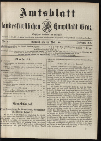 Amtsblatt der landesfürstlichen Hauptstadt Graz 19110510 Seite: 1