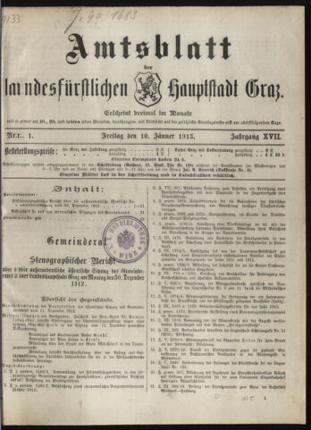 Amtsblatt der landesfürstlichen Hauptstadt Graz 19130110 Seite: 1