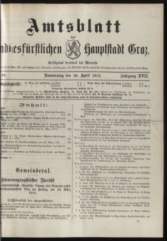 Amtsblatt der landesfürstlichen Hauptstadt Graz 19130410 Seite: 1