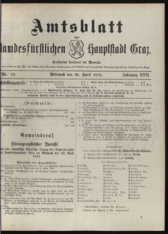 Amtsblatt der landesfürstlichen Hauptstadt Graz 19130430 Seite: 1