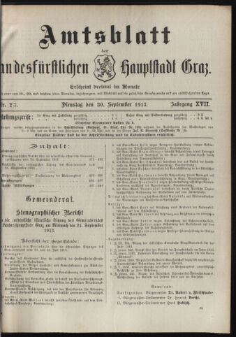 Amtsblatt der landesfürstlichen Hauptstadt Graz 19130930 Seite: 1