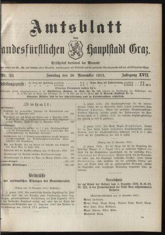 Amtsblatt der landesfürstlichen Hauptstadt Graz 19131130 Seite: 1