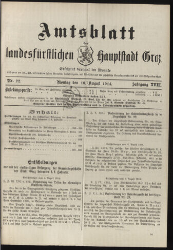 Amtsblatt der landesfürstlichen Hauptstadt Graz 19140810 Seite: 1