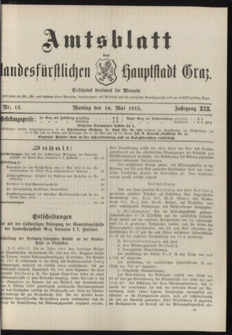 Amtsblatt der landesfürstlichen Hauptstadt Graz 19150510 Seite: 1