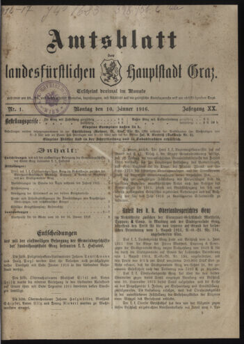 Amtsblatt der landesfürstlichen Hauptstadt Graz 19160110 Seite: 1