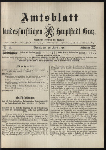 Amtsblatt der landesfürstlichen Hauptstadt Graz 19160410 Seite: 1