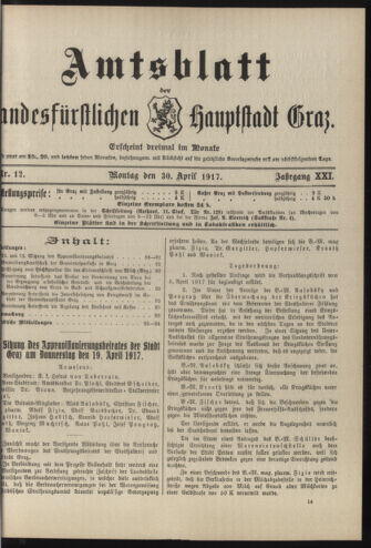 Amtsblatt der landesfürstlichen Hauptstadt Graz 19170430 Seite: 1