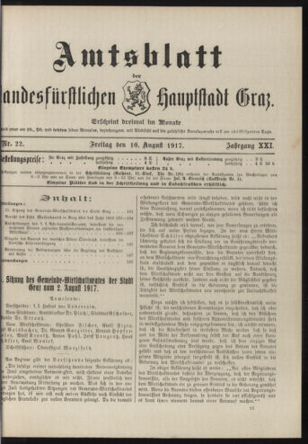 Amtsblatt der landesfürstlichen Hauptstadt Graz 19170810 Seite: 1