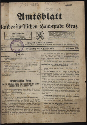 Amtsblatt der landesfürstlichen Hauptstadt Graz 19180110 Seite: 1