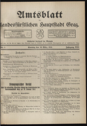 Amtsblatt der landesfürstlichen Hauptstadt Graz 19180310 Seite: 1