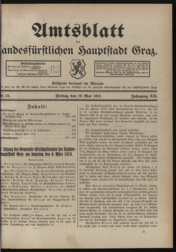 Amtsblatt der landesfürstlichen Hauptstadt Graz 19180510 Seite: 1