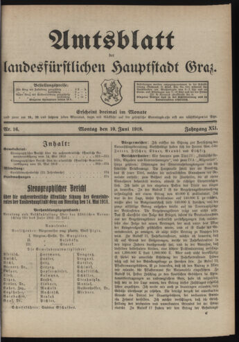 Amtsblatt der landesfürstlichen Hauptstadt Graz 19180610 Seite: 1