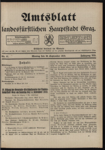 Amtsblatt der landesfürstlichen Hauptstadt Graz 19180930 Seite: 1