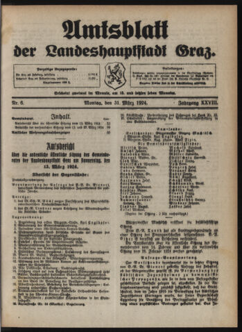 Amtsblatt der landesfürstlichen Hauptstadt Graz 19240331 Seite: 1