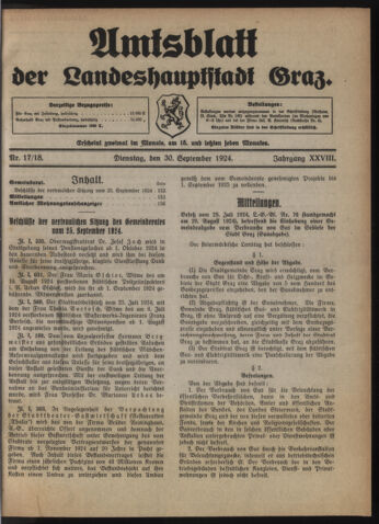 Amtsblatt der landesfürstlichen Hauptstadt Graz 19240930 Seite: 1