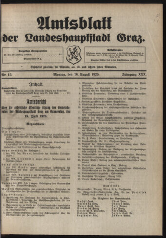 Amtsblatt der landesfürstlichen Hauptstadt Graz 19260816 Seite: 1