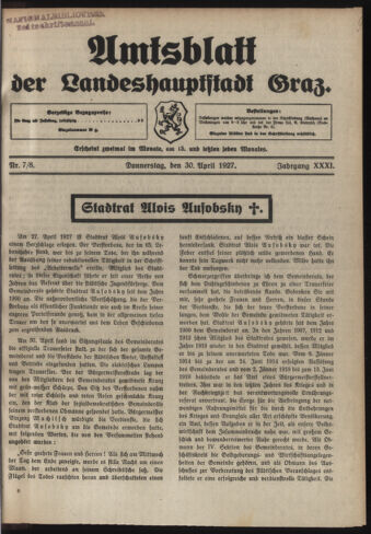 Amtsblatt der landesfürstlichen Hauptstadt Graz 19270430 Seite: 1