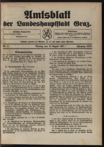 Amtsblatt der landesfürstlichen Hauptstadt Graz 19270815 Seite: 1