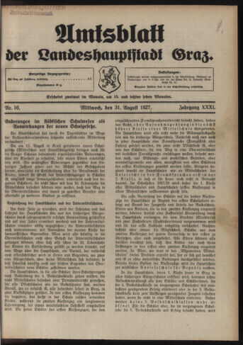 Amtsblatt der landesfürstlichen Hauptstadt Graz 19270831 Seite: 1