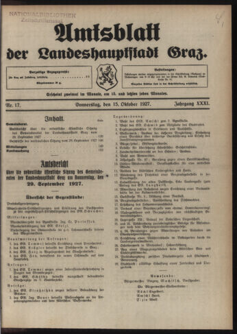 Amtsblatt der landesfürstlichen Hauptstadt Graz 19271015 Seite: 1