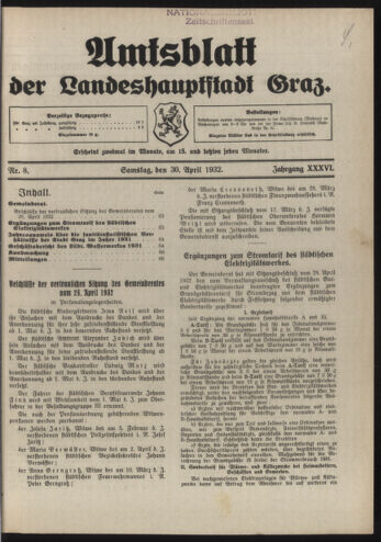 Amtsblatt der landesfürstlichen Hauptstadt Graz 19320430 Seite: 1