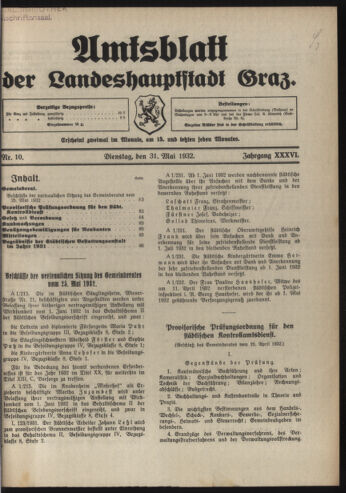 Amtsblatt der landesfürstlichen Hauptstadt Graz 19320531 Seite: 1