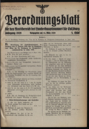 Verordnungsblatt für den Amtsbereich des Landeshauptmannes für Salzburg 19390314 Seite: 1