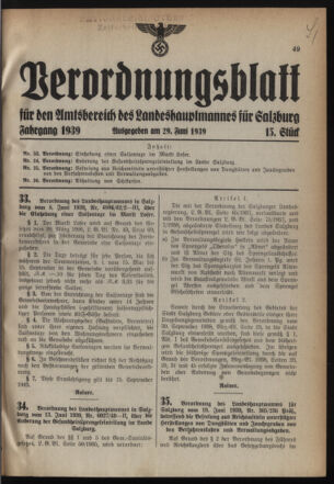 Verordnungsblatt für den Amtsbereich des Landeshauptmannes für Salzburg 19390629 Seite: 1