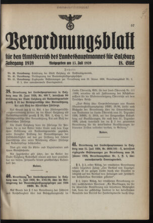 Verordnungsblatt für den Amtsbereich des Landeshauptmannes für Salzburg 19390715 Seite: 1