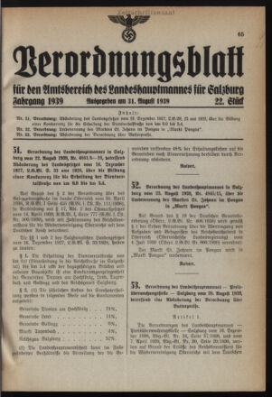 Verordnungsblatt für den Amtsbereich des Landeshauptmannes für Salzburg 19390831 Seite: 1