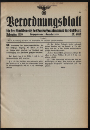 Verordnungsblatt für den Amtsbereich des Landeshauptmannes für Salzburg 19391102 Seite: 1